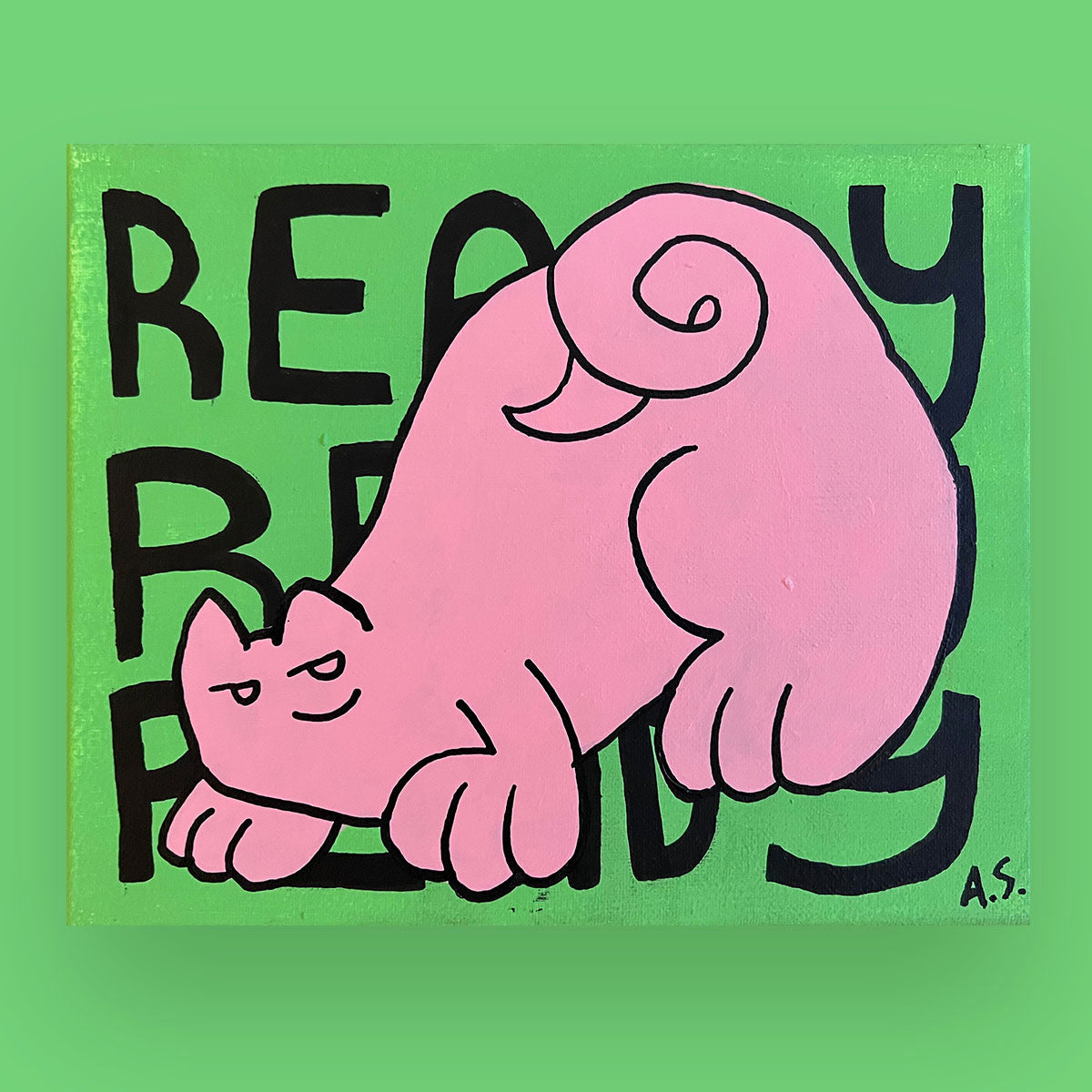 Ready Cat Dude OG, Pink on Green - Original