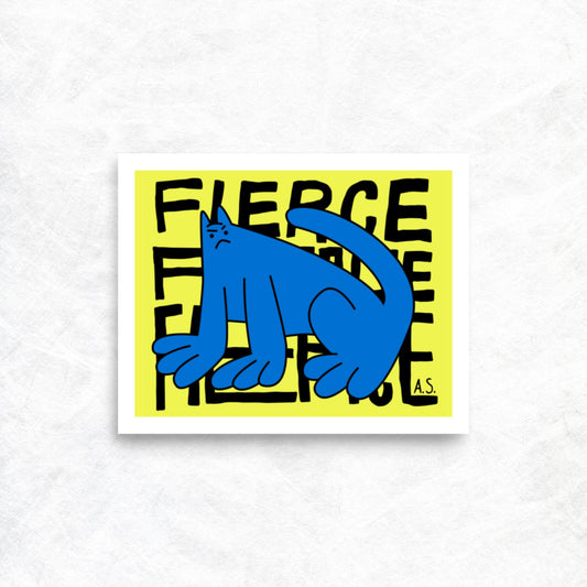 Fierce Cat Dude, Blue on Yellow - Poster