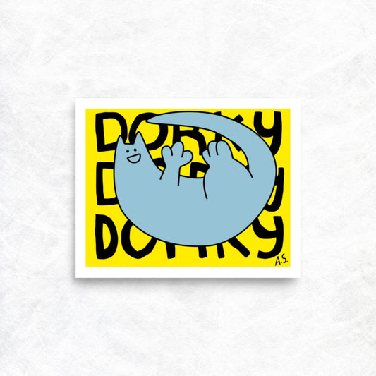 Dorky Cat Dude, Light Blue on Yellow - Poster